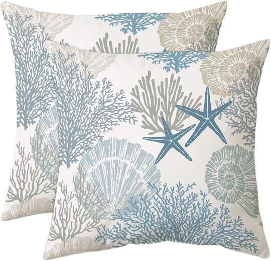 Set of 2 Coastal Nautical Throw Pillow Covers 18x18 Inch, Blue Ocean Seashell Coral and Starfish Velvet Decorative Cushion Covers for Couch, Sofa, Bedroom, Living Room, Patio & Beach House Decor